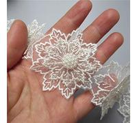 Ruban en dentelle avec fleurs et perles Beige Longueur : 1,8 m Largeur : 6 cm Style vintage Tissu brodé Applique à coudre pour robe de mariée Embellissement de cartes, chapeaux,