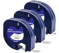 Ruban Étiqueteuse Yuanqimm Compatible pour Dymo Letratag 91221 91201 S0721610 12mm Étiquette Plastique Blanc 12mm x 4m Noir sur Blanc Ruban pour LT-100H LT110T LT100T QX50 XR XM 2000 200B, Pack de 3