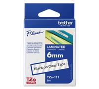 Ruban laminé Brother TZe-111 / TZE111, noir sur transparent, 6 mm x 8 m