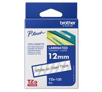 Ruban laminé Brother TZe-135 / TZE135, blanc sur transparent, 12 mm x 8 m