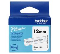 Ruban non laminé Brother BTAG-135 / BTAG135, blanc sur transparent, 12 mm
