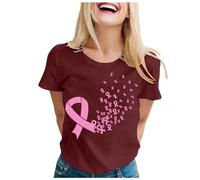 Ruban Rose T Shirt Femme Octobre Rose T-Shirt Femmes Cancer du Sein Tee Shirt Rond Coupe Sensibilisation Au Cancer du Sein D'octobre Basic Top Cœur Ruban Tshirt