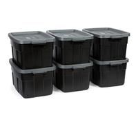 Rubbermaid Lot de 6 bacs de rangement robustes en plastique noir avec couvercles pour le rangement, empilables, grande capacité, durables, polyvalents, 48 litres (43,6 l, noir et gris)