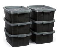 Rubbermaid Roughneck Lot de 6 boîtes de rangement 38 l en plastique solide noir et gris avec couvercles et poignées empilables Fabriqué aux États-Unis