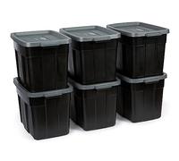 Rubbermaid Roughneck Lot de 6 boîtes de rangement 68 l en plastique solide noir et gris avec couvercles et poignées empilables Fabriqué aux États-Unis