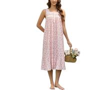 Rubehoow Chemise de nuit longue en coton sans manches avec poches pour femme, Fleurs sans manches sur rose, XXL