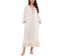 Rubehoow Chemise de nuit pour femme de style victorien - Nuisette vintage à manches longues - Pyjama en coton doux - Robe de nuit décontractée - Tailles S-3XL, Rose vintage, XXL