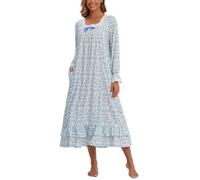 Rubehoow Chemise de nuit pour femme de style victorien - Nuisette vintage à manches longues - Pyjama en coton doux - Robe de nuit décontractée - S-3XL, motif floral bleu, XXL