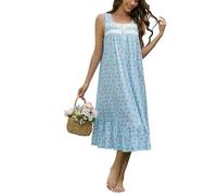 Rubehoow Chemise de nuit sans manches pour femme - Robe de nuit longue en coton boutonné - Vêtement de nuit doux pour femme avec poches, Floral sur bleu, XXL