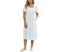 Rubehoow Chemise de nuit victorienne à manches courtes pour femme, robe pyjama vintage en coton doux avec poches, blanc, 3XL