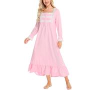 Rubehoow Chemise de Nuit Victorienne à Manches Longues pour Femme, Robe de Pyjama Vintage en Coton Doux avec Poches, Rose, Medium