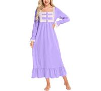Rubehoow Chemise de Nuit Victorienne à Manches Longues pour Femme, Robe de Pyjama Vintage en Coton Doux avec Poches, Violet, Large