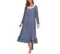 Rubehoow Chemise de nuit victorienne vintage à manches longues pour femme, robe pyjama en coton doux, vêtements de nuit S-3XL, Flroal blanc, 3XL