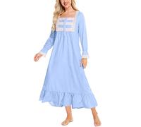 Rubehoow Chemise de Nuit Vintage à Manches Longues boutonnée sur Le Devant en Coton Doux de Style Victorien avec Poches, Bleu Clair, M