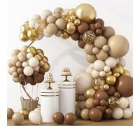 RUBFAC Kit d'arche de ballons marron, 129 pièces, tailles différentes, lot de 18, 30, 25,4 cm, 12,7 cm, latex, marron clair, café, sable, blanc, crème, beige, confettis, or, guirlande d'arche de