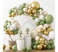 RUBFAC Kit d'arche de ballons vert sauge, blanc, doré, 129 pièces, différentes tailles, lot de 18, 30, 25,4 cm, 12,7 cm, latex sable, blanc, crème, confettis dorés, guirlande de ballons pour