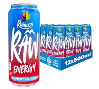 Rubicon RAW Lot de 12 boissons énergisantes framboise et myrtille 500 ml, jus de fruit véritable 20 %, riche en caféine avec vitamines B, ginseng et guarana, sans colorants ni arômes artificiels,