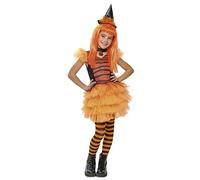 Rubies Costume de sorcière glamour orange pour fille, robe, chapeau, tour de cou et bas, officiel Rubies pour Halloween, carnaval, anniversaire et fêtes