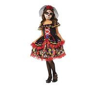 Rubies Déguisement Catrinita Deluxe pour fille, robe noire en tulle rouge, motifs crânes et bandeau de roses avec voile, original pour Halloween, Noël, carnaval et anniversaire