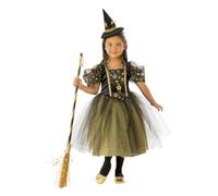 Rubies Déguisement de sorcière étoilée pour filles, robe dorée et noire avec chapeau, pour Halloween, carnaval, Noël et anniversaire