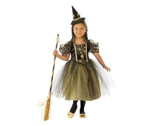 Rubies Déguisement de sorcière étoilée pour filles, robe dorée et noire avec chapeau, pour Halloween, carnaval, Noël et anniversaire