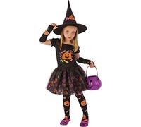 Rubies Déguisement de sorcière pour fille, robe de sorcière avec manches, collants et chapeau avec motifs de citrouilles imprimées, original de Rubies, idéal pour Halloween, carnaval et anniversaire