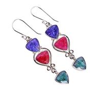 Rubis, émeraude et saphir bleu en forme de milliard de pierres précieuses naturelles pour anniversaire de femme, anniversaire, 10 mm, argent sterling, rubis, émeraude, saphir