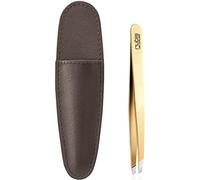 Rubis Pince à épiler dorée - Pince à épiler oblique dans un étui en cuir marron - Pince professionnelle pour l'épilation des sourcils