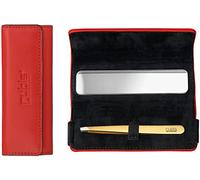 Rubis Pince à épiler or - Pinces à sourcils obliques en cuir rouge - Avec miroir cosmétique petit pour le sac à main - Pointe oblique pour l'épilation