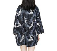 Rubruan Kimonos japonais pour femme - Costume traditionnel Haori - Robe Tokyo Harajuku - Motif de grues - Veste antique - Chemise de nuit - Peignoir de nuit, Grue noire, taille unique