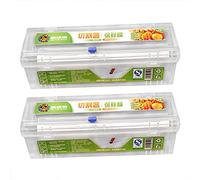 Rubruan Lot de 2 boîtes de rangement pour coupe-film - En plastique PE avec cutter pour film alimentaire - Qualité alimentaire - 34 x 9,8 x 10,6 cm (transparent)