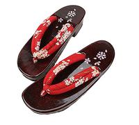 Rubruan Sandales d'été pour femme - Chaussures traditionnelles japonaises en bois Geta Kimono Fleur de cerisier Sakura Motif imprimé Antidérapant Poli Tongs Cosplay Sabots, rouge2, 38/40 EU