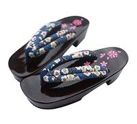Rubruan Sandales d'été pour femme - Chaussures traditionnelles japonaises en bois Geta Kimono Fleur de cerisier Sakura Motif imprimé Antidérapant Poli Tongs Cosplay Sabots, Bleu2, 38/40 EU