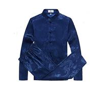 Rubruan Vêtements chinois Costume pour hommes - Costume traditionnel classique d'arts martiaux Kung Fu Tai Chi Qigong Manches longues Dragon Motif Performance Uniforme pour hommes, bleu, L