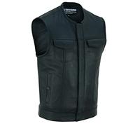 RUBSONS Men's Collarless Genuine Leather Motorcycle Vest, Club Style Sleeveless Biker Jacket with Snap Closure, Two Concealed Pockets & Single Back Panel for Patches