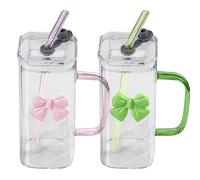 Rubu22a Lot de 2 gobelets en verre de 400 ml, avec nœud et paille, pour café glacé, long drink, smoothie, design hermétique et étanche, idéal comme café (rose + vert)