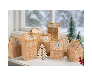 RUBY Calendrier de l’Avent à remplir - 24 maisonnettes pain d’épices DIY avec guirlande lumineuse LED, ficelle de jute, autocollants numérotés - Réutilisable pour toute la famille