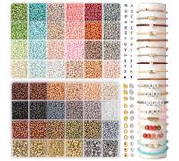 RUBY Lot de perles de 3 mm pour bracelets, 48 couleurs Perles de verre colorées Morandi à enfiler, Perles de rotin à enfiler avec 200 perles de lettres noires pour idée cadeau DIY