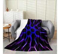 Ruche Hexagonale en Bleu Violet Géométrique Couverture Flanelle Couvertures Peluche Confortable Plaids pour Voyages Toutes Les Saisons Chaises 125x150cm