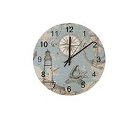 Ruchen Horloge murale silencieuse en bois Motif carte de la mer Boussole Phare Ancre Rond 30,5 cm Chiffres arabes Silencieux Non Tickingr Maison Cuisine Bureau École Décor