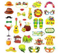 RUCUDIM 33 Pièces Hawaiian Fête Photobooth Accessoire, Hawaï Photo Booth Tropical Thème Cadre Photo pour Tropical Summer Party, Hawaïenne Tropical Décorations, Mariage, Piscine, Anniversaire