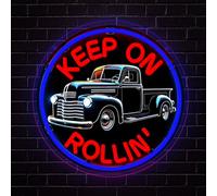 RuCvixkt Keep On Rollin' Néon - Décoration Murale pour Chambre à Coucher, Salle de Jeux, Garage, Chambre Homme, Bar, Pub, Néon LED Rétro Auto, Cadeau pour Anniversaire, Noël