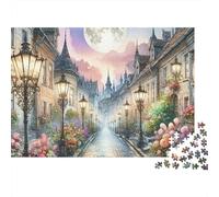 Rue européenne éclairée par la Lune Puzzle 1000 Pièces Papier Écologique pour Enfants Débutants, Puzzle Ultra-Difficile, Loisir Après École, Puzzle Top Noté 38x26cm/1000pcs