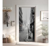 Rue Paris Blanc Noir Poster de Porte 3D Trompe L'oeil 73x205 cm, Scène de Rue Auto-Adhésif Sticker Porte pour Chambre Cuisine, Tour Eiffel Stickers Autocollants de Porte