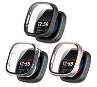 RuenTech Coque de protection rigide pour Fitbit Vera 4 avec film de protection d'écran en verre pour Fitbit Sense 2 Accessoires de montre (noir+clair+rose)