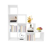 RUETERY Étagère d'escalier en forme de L, blanche, capacité de charge de 100 kg, 10 compartiments, bibliothèque peu encombrante avec paroi arrière, séparateur de pièce, moderne, pour salon, bureau à