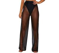 RUEWEY Femme See Throug Mesh Flare Cover Up Pantalon de Bain Bikini Bas Couvre Taille élastique Jambe Large Pantalon Palazzo - Noir - Taille S