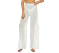 RUEWEY Femmes Transparent Maille Flare Débardeur Pantalon Maillot de Bain Bikini Bas Couverture Élastique Taille Jambe Large Pantalon Palazzo, A - Blanc, Large