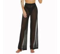 RUEWEY See Throug Pantalon évasé en maille pour femme - Cache-maillot de bain - Taille élastique - Jambe large, A-noir, Taille L