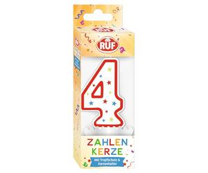RUF Bougie d'anniversaire numéro 4 Rouge avec étoiles multicolores Bougie d'anniversaire de qualité supérieure avec protection anti-goutte, idéale comme décoration de gâteau, 1 pièce